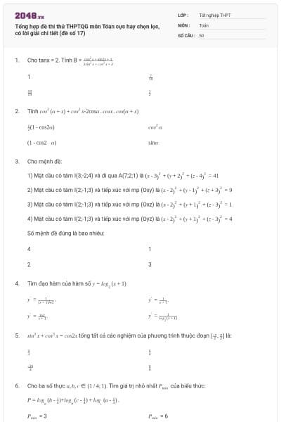 Tổng hợp đề thi thử THPTQG môn Tóan cực hay chọn lọc, có lời giải chi tiết (đề số 17)