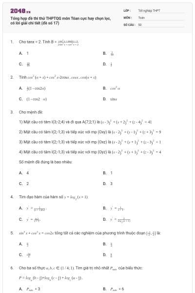 Tổng hợp đề thi thử THPTQG môn Tóan cực hay chọn lọc, có lời giải chi tiết (đề số 17)