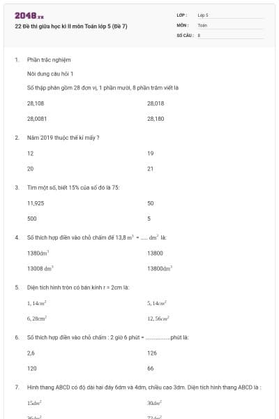 22 Đề thi giữa học kì II môn Toán lớp 5 (Đề 7)