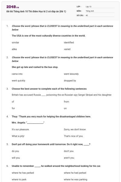 Đề thi Tiếng Anh 10 Thí điểm Học kì 2 có đáp án (Đề 1)