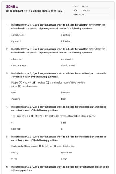 Đề thi Tiếng Anh 10 Thí điểm Học kì 2 có đáp án (Đề 2)