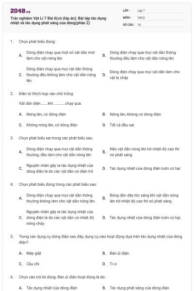 Trắc nghiệm Vật Lí 7 Bài 6(có đáp án): Bài tập tác dụng nhiệt và tác dụng phát sáng của dòng(phần 2)
