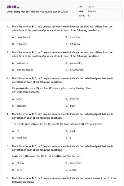 Đề thi Tiếng Anh 10 Thí điểm Học kì 2 có đáp án (Đề 2)