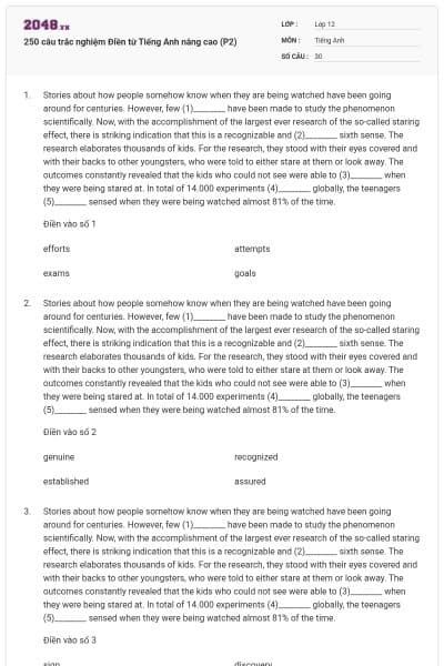 250 câu trắc nghiệm Điền từ Tiếng Anh nâng cao (P2)