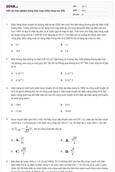 200 câu trắc nghiệm Dòng điện xoay chiều nâng cao (P8)