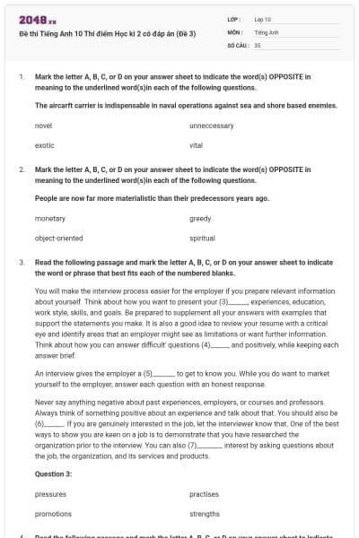 Đề thi Tiếng Anh 10 Thí điểm Học kì 2 có đáp án (Đề 3)