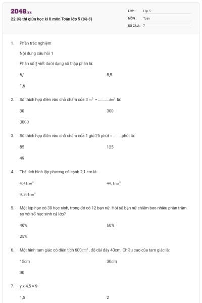 22 Đề thi giữa học kì II môn Toán lớp 5 (Đề 8)