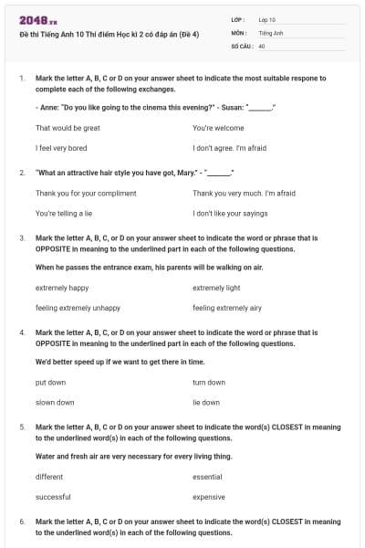 Đề thi Tiếng Anh 10 Thí điểm Học kì 2 có đáp án (Đề 4)