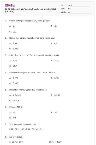 26 Đề thi học kì I môn Toán lớp 5 cực hay, có lời giải chi tiết (Đề số 26)