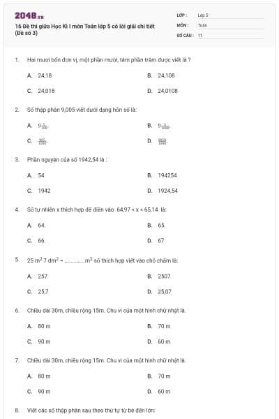 16 Đề thi giữa Học Kì I môn Toán lớp 5 có lời giải chi tiết (Đề số 3)