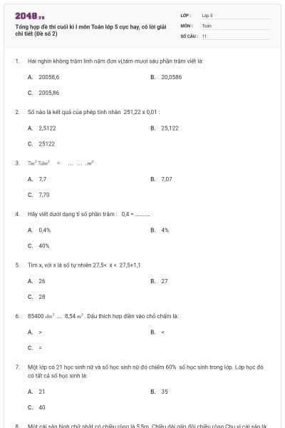 Tổng hợp đề thi cuối kì I môn Toán lớp 5 cực hay, có lời giải chi tiết (Đề số 2)