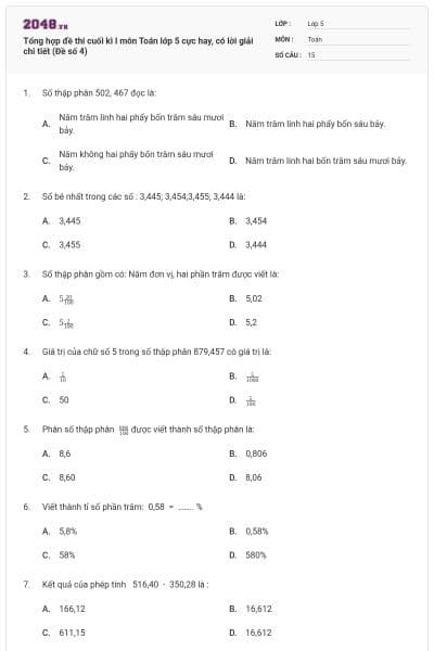 Tổng hợp đề thi cuối kì I môn Toán lớp 5 cực hay, có lời giải chi tiết (Đề số 4)