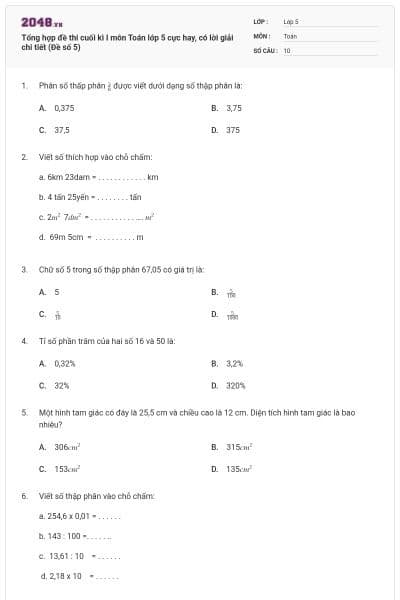 Tổng hợp đề thi cuối kì I môn Toán lớp 5 cực hay, có lời giải chi tiết (Đề số 5)