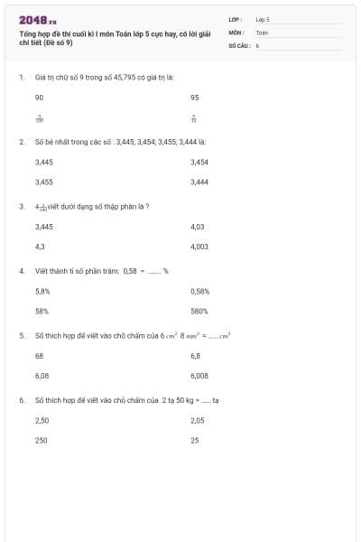 Tổng hợp đề thi cuối kì I môn Toán lớp 5 cực hay, có lời giải chi tiết (Đề số 9)