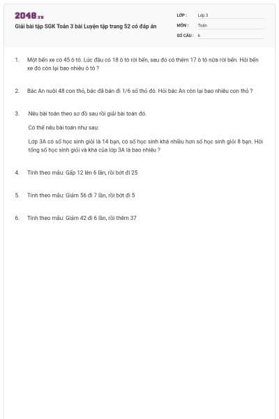 Giải bài tập SGK Toán 3 bài Luyện tập trang 52 có đáp án