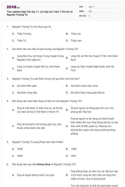 Trắc nghiệm Ngữ Văn lớp 11: (có đáp án) Tuần 7 Vài nét về Nguyễn Trường Tộ
