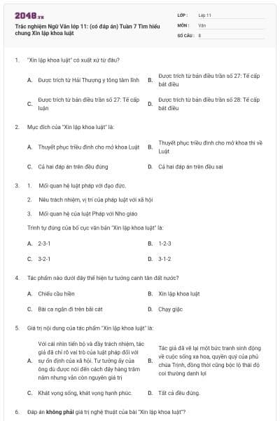 Trắc nghiệm Ngữ Văn lớp 11: (có đáp án) Tuần 7 Tìm hiểu chung Xin lập khoa luật