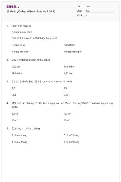22 Đề thi giữa học kì II môn Toán lớp 5 (Đề 9)