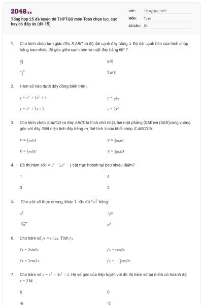 Tổng hợp 25 đề luyện thi THPTQG môn Toán chọn lọc, cực hay có đáp án (đề 15)
