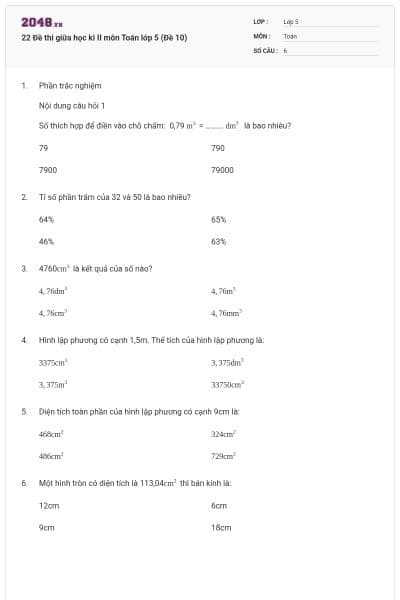 22 Đề thi giữa học kì II môn Toán lớp 5 (Đề 10)