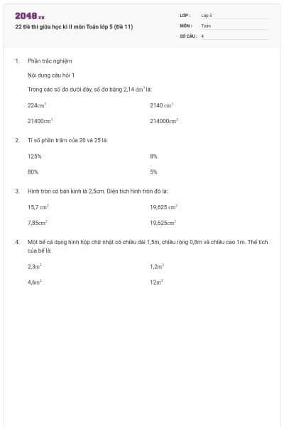 22 Đề thi giữa học kì II môn Toán lớp 5 (Đề 11)