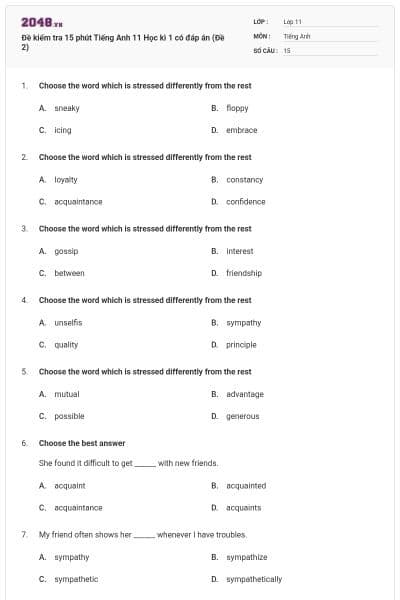 Đề kiểm tra 15 phút Tiếng Anh 11 Học kì 1 có đáp án (Đề 2)