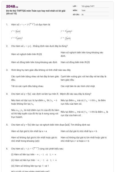 Đè thi thử THPTQG môn Toán cực hay mới nhất có lời giải (đề số 10)