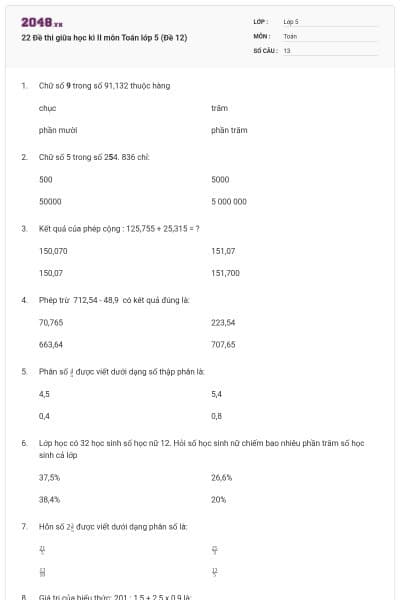 22 Đề thi giữa học kì II môn Toán lớp 5 (Đề 12)