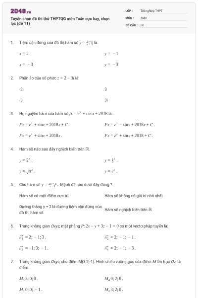 Tuyển chọn đề thi thử THPTQG môn Toán cực hay, chọn lọc (đề 11)