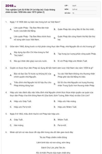 Trắc nghiệm Lịch Sử 8 Bài 24 (có đáp án): Cuộc kháng chiến từ năm 1858 đến năm 1873 (phần 2)