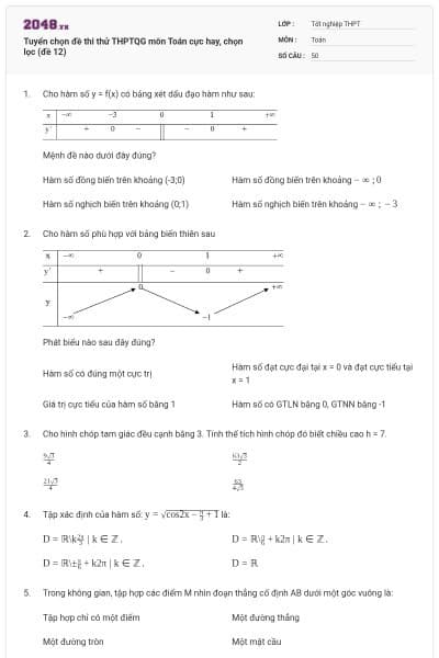 Tuyển chọn đề thi thử THPTQG môn Toán cực hay, chọn lọc (đề 12)
