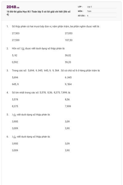 16 Đề thi giữa Học Kì I Toán lớp 5 có lời giải chi tiết (Đề số 4)