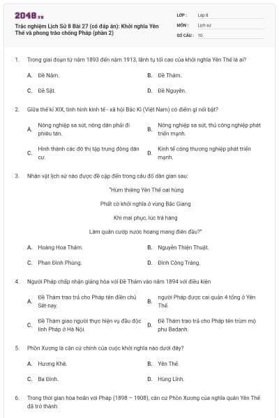Trắc nghiệm Lịch Sử 8 Bài 27 (có đáp án): Khởi nghĩa Yên Thế và phong trào chống Pháp (phần 2)