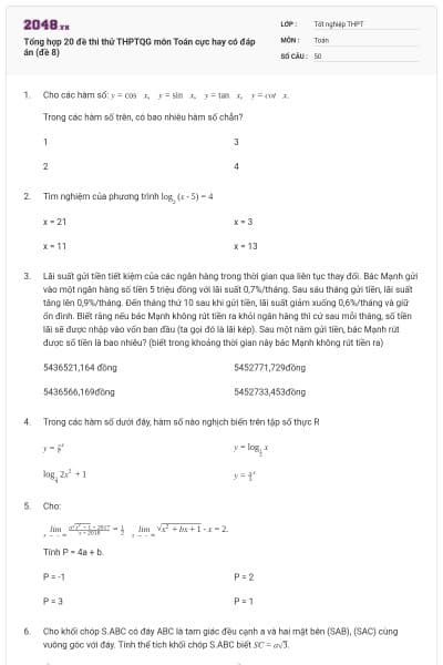 Tổng hợp 20 đề thi thử THPTQG môn Toán cực hay có đáp án (đề 8)