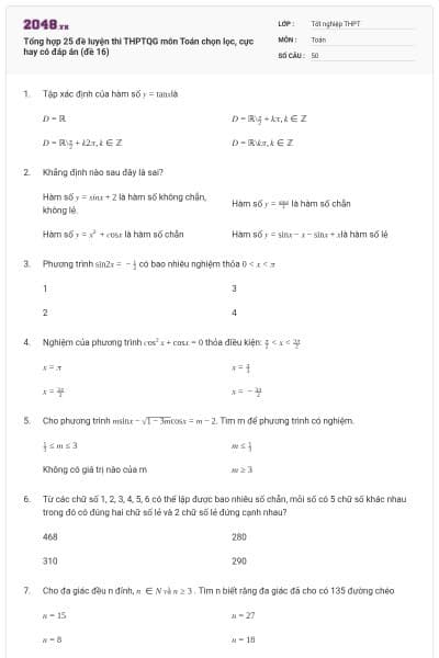 Tổng hợp 25 đề luyện thi THPTQG môn Toán chọn lọc, cực hay có đáp án (đề 16)