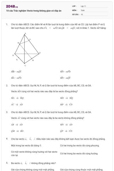 10 câu Trắc nghiệm Vectơ trong không gian có đáp án