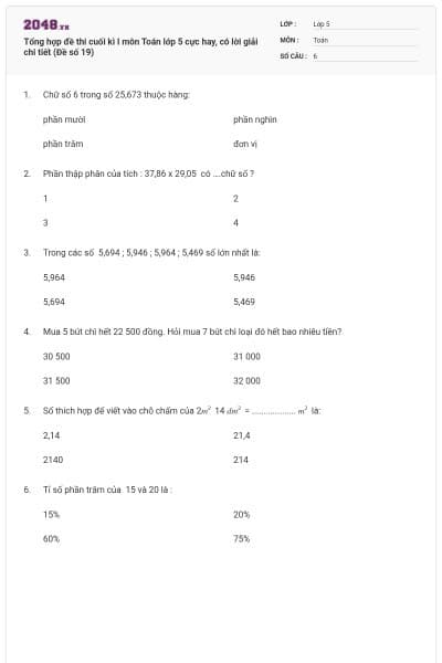 Tổng hợp đề thi cuối kì I môn Toán lớp 5 cực hay, có lời giải chi tiết (Đề số 19)