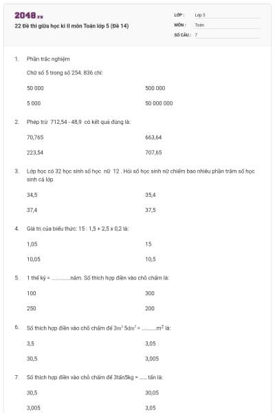 22 Đề thi giữa học kì II môn Toán lớp 5 (Đề 14)