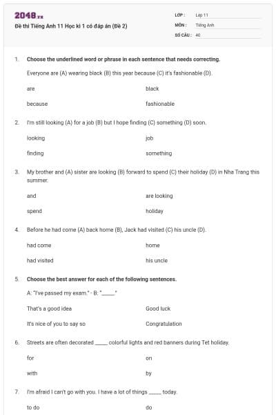 Đề thi Tiếng Anh 11 Học kì 1 có đáp án (Đề 2)