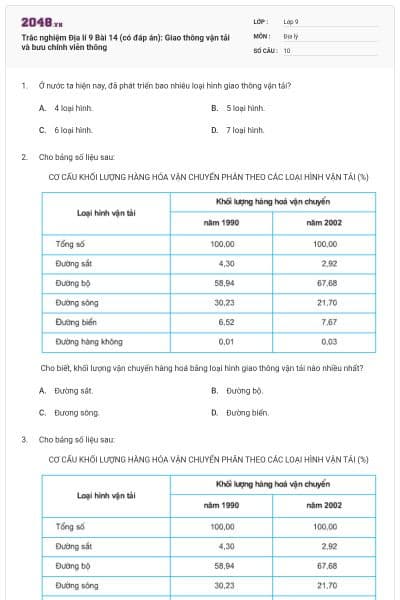 Trắc nghiệm Địa lí 9 Bài 14 (có đáp án): Giao thông vận tải và bưu chính viễn thông