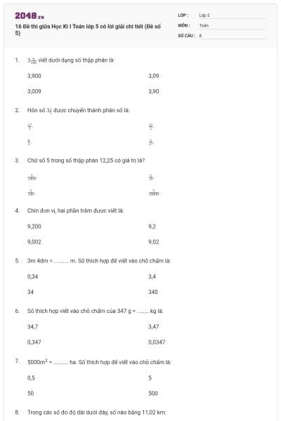 16 Đề thi giữa Học Kì I Toán lớp 5 có lời giải chi tiết (Đề số 5)