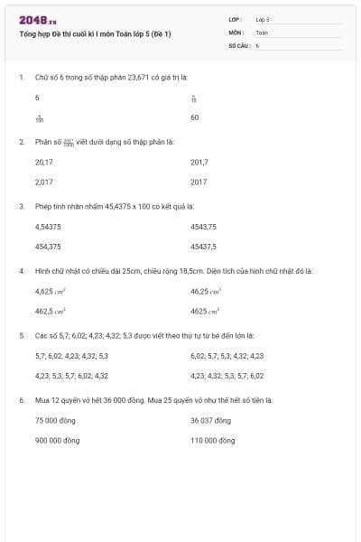 Tổng hợp Đề thi cuối kì I môn Toán lớp 5 (Đề 1)