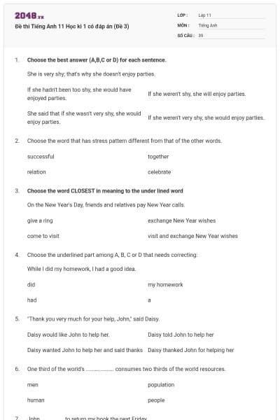 Đề thi Tiếng Anh 11 Học kì 1 có đáp án (Đề 3)