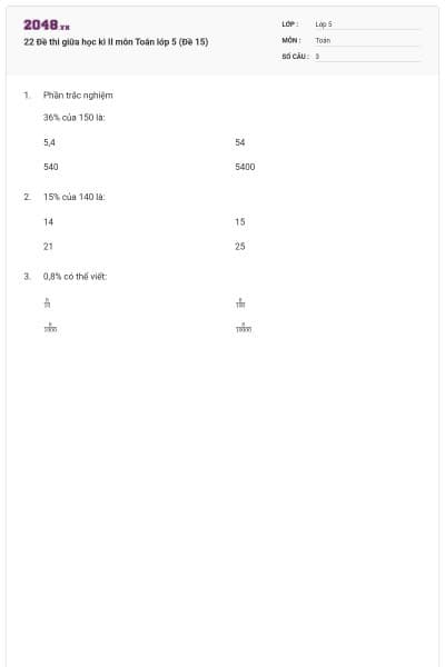 22 Đề thi giữa học kì II môn Toán lớp 5 (Đề 15)