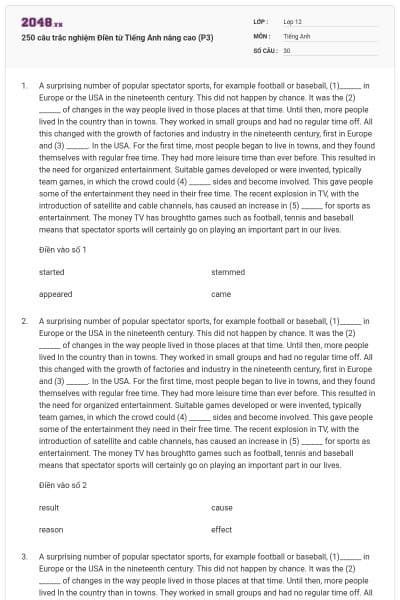 250 câu trắc nghiệm Điền từ Tiếng Anh nâng cao (P3)