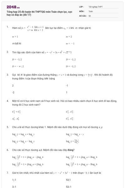 Tổng hợp 25 đề luyện thi THPTQG môn Toán chọn lọc, cực hay có đáp án (đề 17)