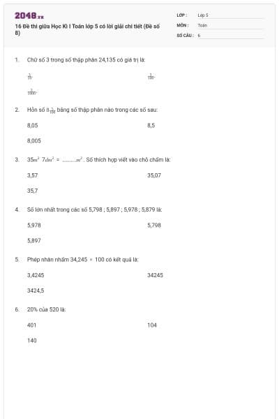 16 Đề thi giữa Học Kì I Toán lớp 5 có lời giải chi tiết (Đề số 8)
