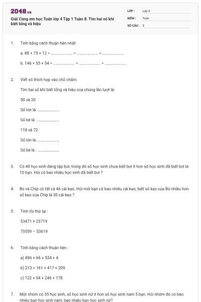 Giải Cùng em học Toán lớp 4 Tập 1 Tuần 8. Tìm hai số khi biết tổng và hiệu