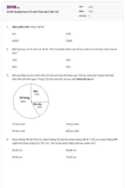 22 Đề thi giữa học kì II môn Toán lớp 5 (Đề 16)