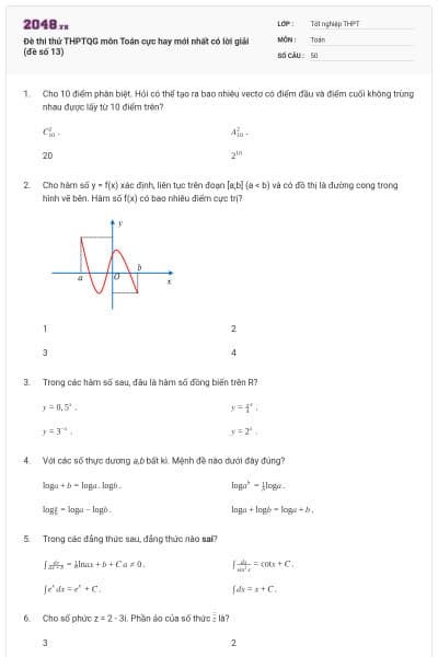 Đè thi thử THPTQG môn Toán cực hay mới nhất có lời giải (đề số 13)
